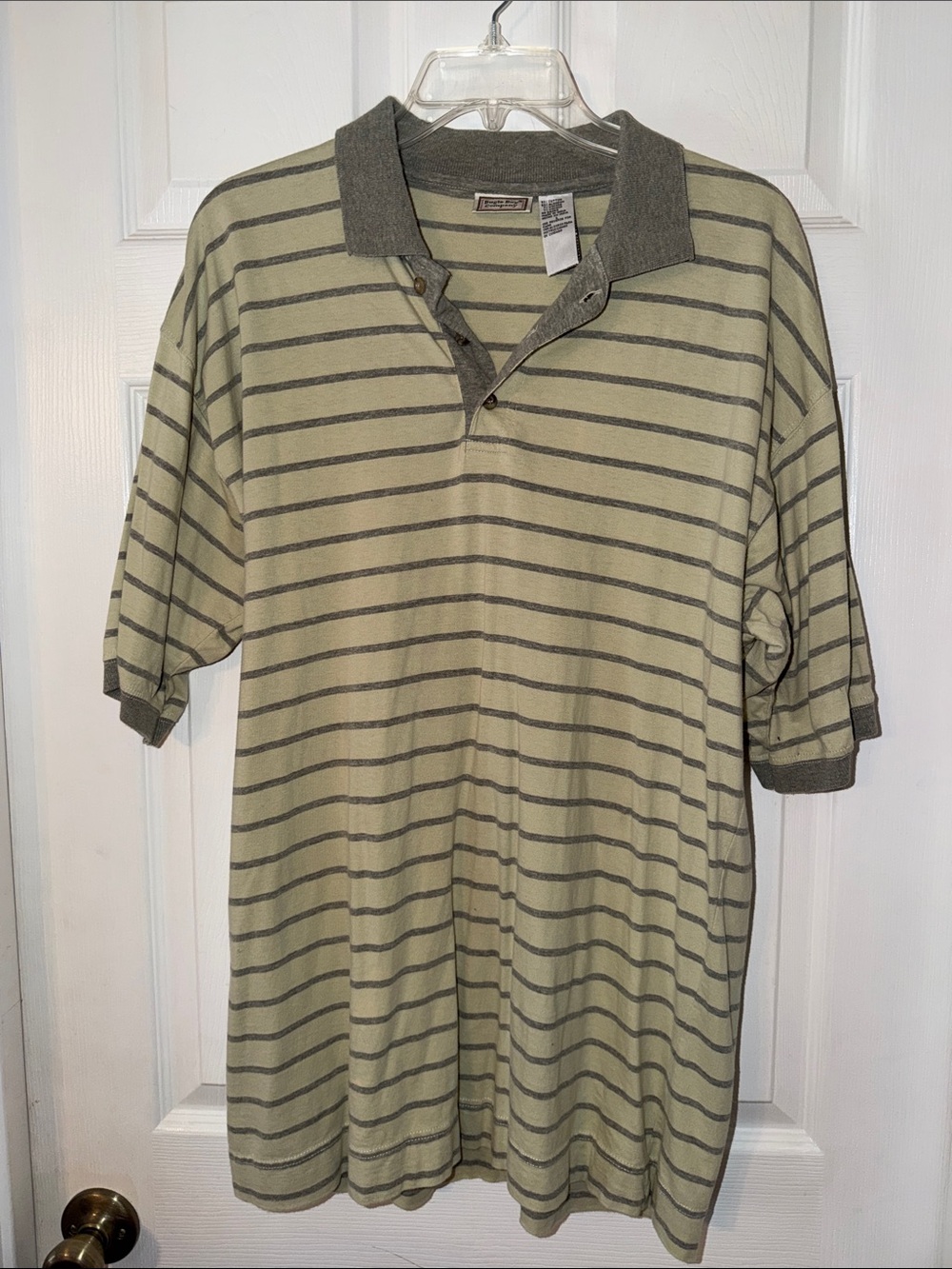 Men’s Bugle Boy polo shirt, size L, Tan with Gray stripes, collar & arm bands